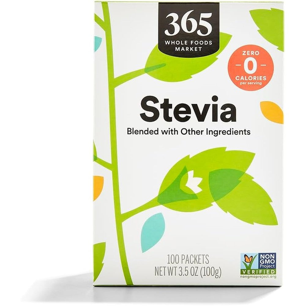 365 by Whole Foods Market Stevia Zero Calorie Sweetener 100 Packets front box view natural plant based sugar substitute