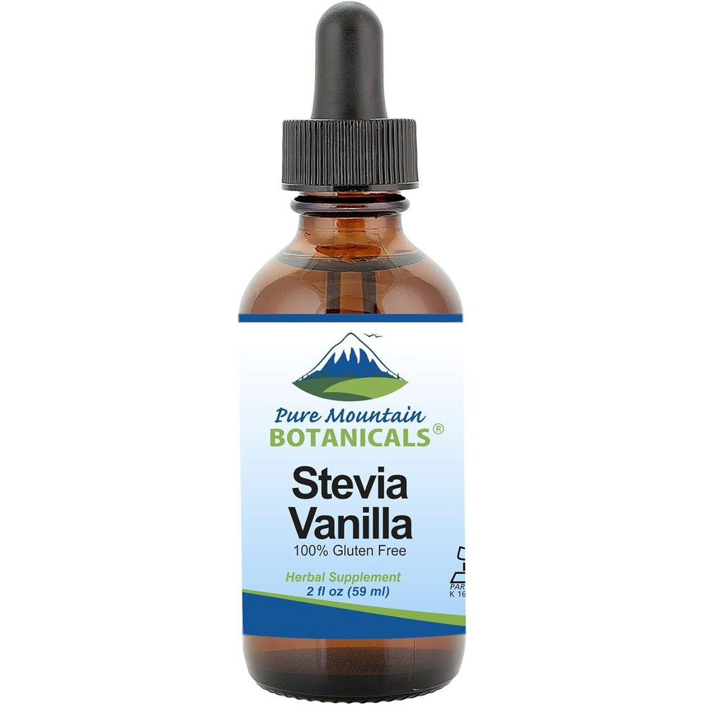 Pure Mountain Botanicals Vanilla Stevia Liquid Drops Sweetener front view of two fluid ounce glass dropper bottle