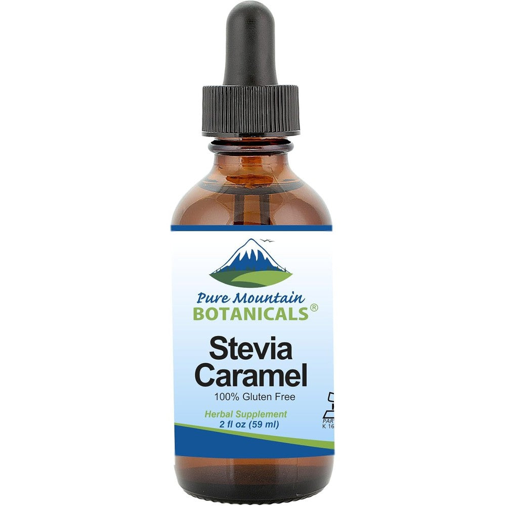Pure Mountain Botanicals Caramel Stevia Liquid Drops front view of premium amber glass bottle with dropper.