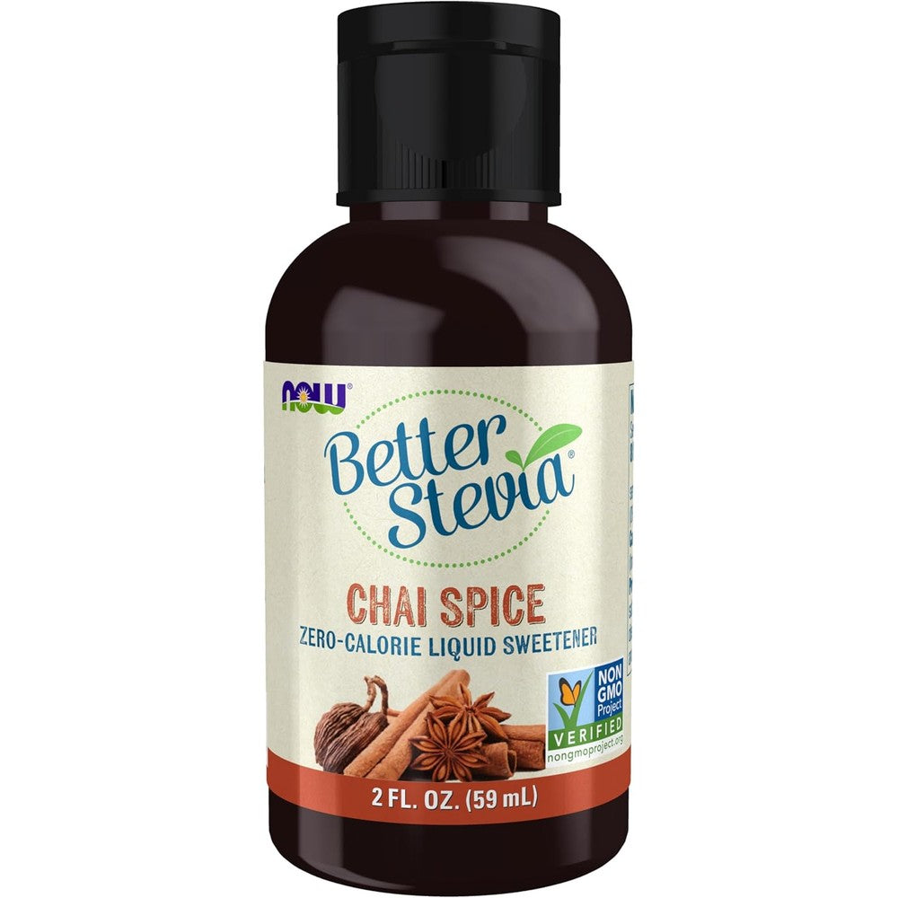 NOW Foods BetterStevia Chai Spice Liquid Sweetener front view bottle for natural sugar substitute
