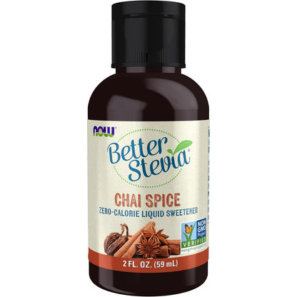 NOW Foods BetterStevia Chai Spice Liquid Sweetener front view bottle for natural sugar substitute