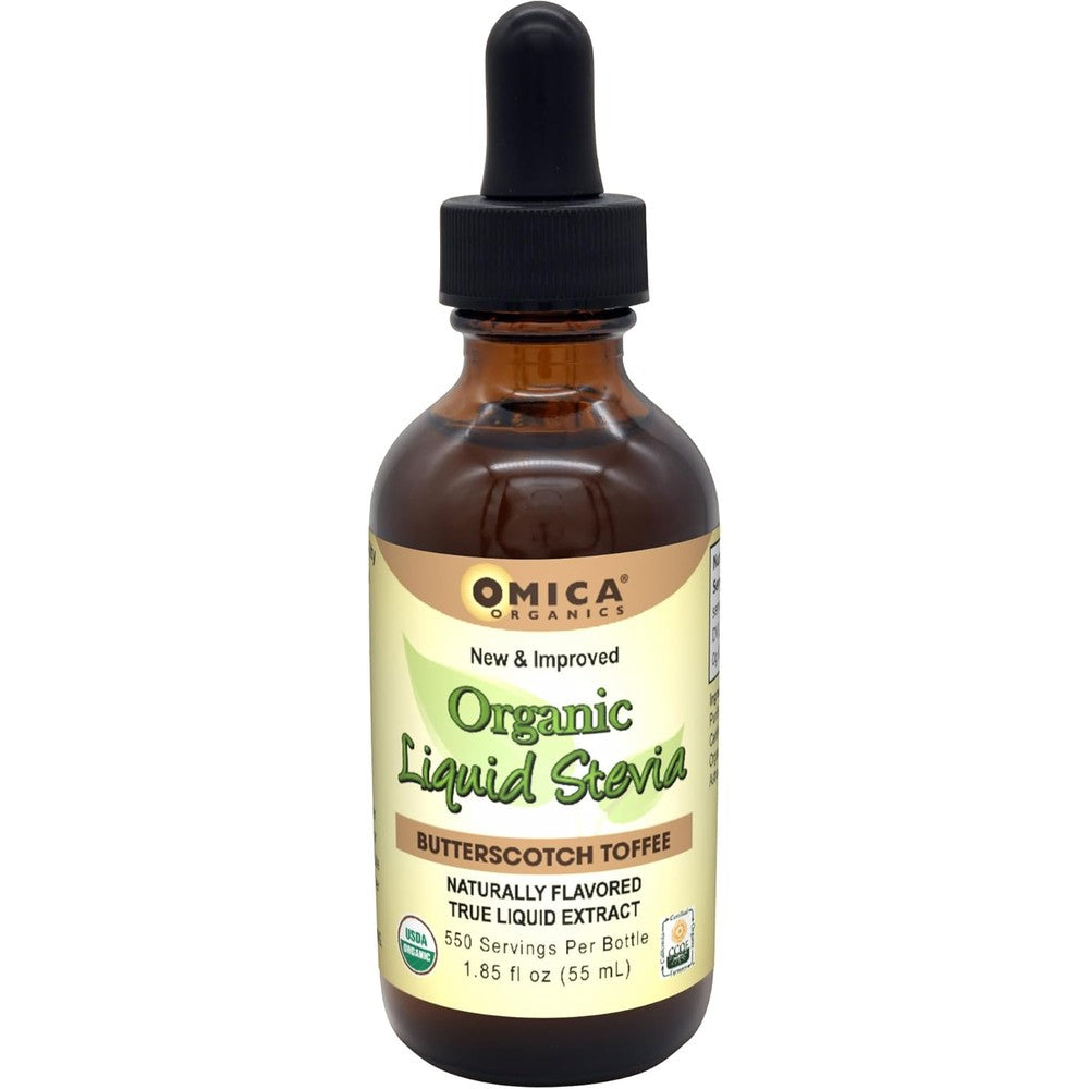 Omica Organics Liquid Stevia Butterscotch Toffee front view bottle on white background