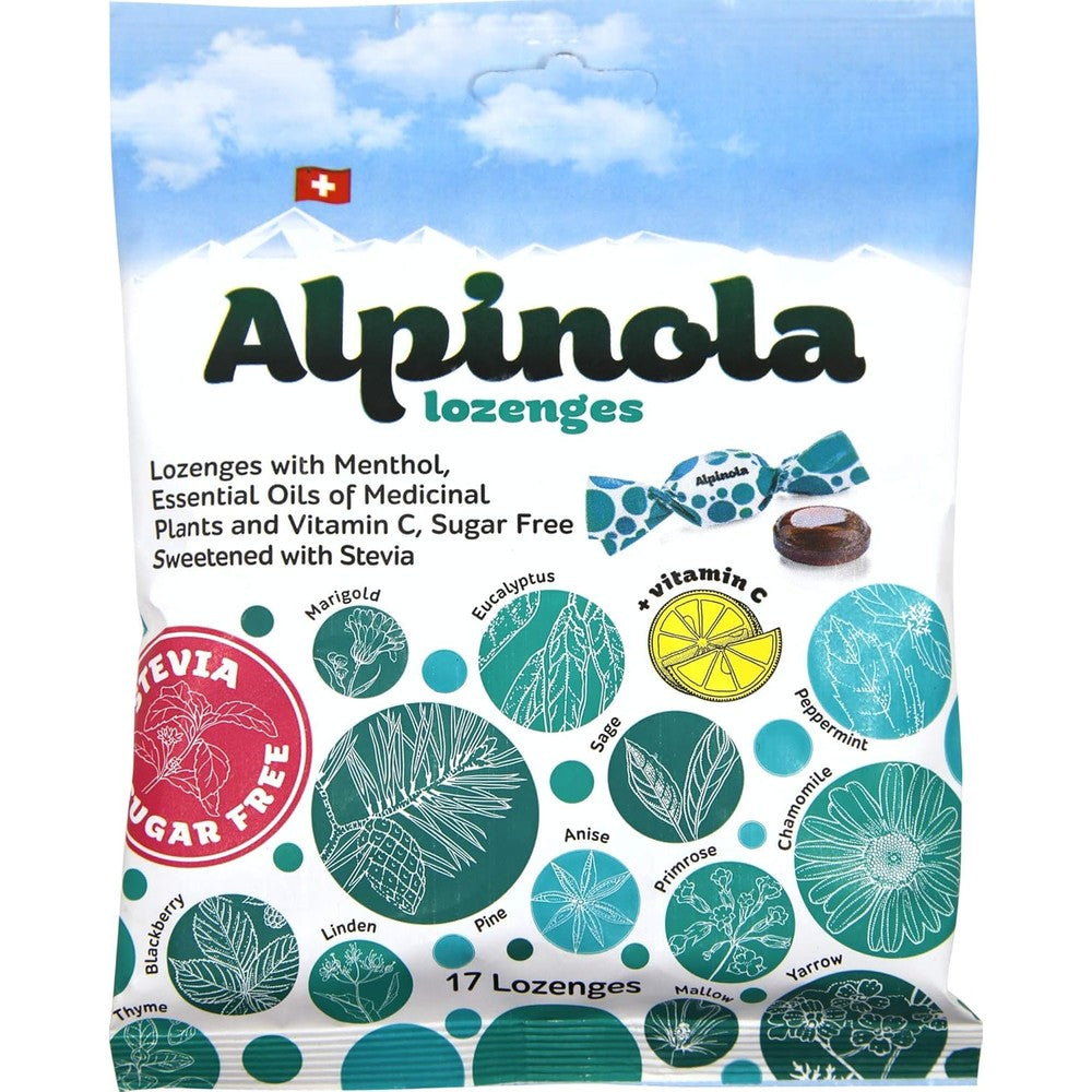 Alpinola Menthol Throat Lozenges pouch front view showing authentic Swiss herbal design