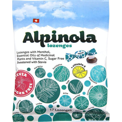 Alpinola Menthol Throat Lozenges pouch front view showing authentic Swiss herbal design