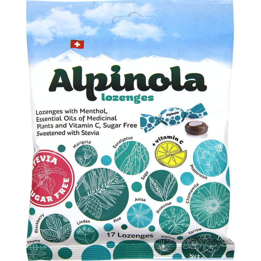Alpinola Menthol Throat Lozenges pouch front view showing authentic Swiss herbal design
