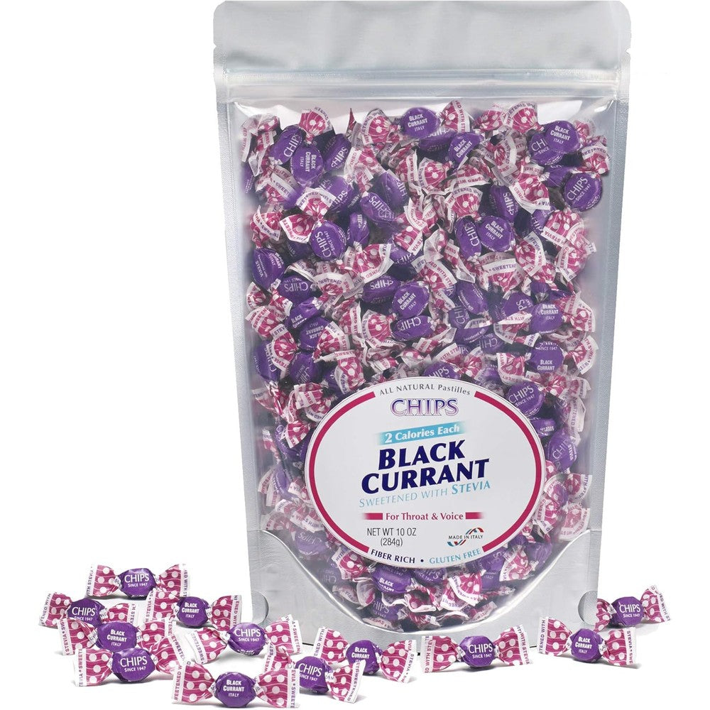 Chipurnoi CHIPS Black Currant Stevia Throat Pastilles front view of ten ounce resealable share pouch