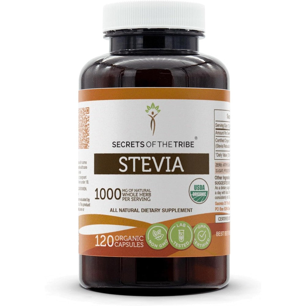 Secrets Of The Tribe Organic Stevia Leaf 1000mg bottle front view for sugar substitute supplement