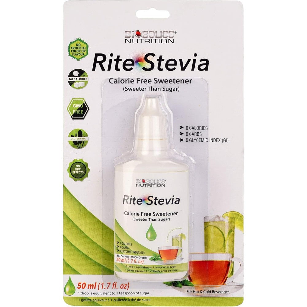 Biobolics Nutrition Rite Stevia Liquid Drops 50ml front view showing bottle packaging and dropper lid.