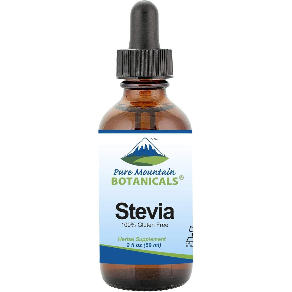 Pure Mountain Botanicals Liquid Stevia Drops front view bottle for natural sugar substitute