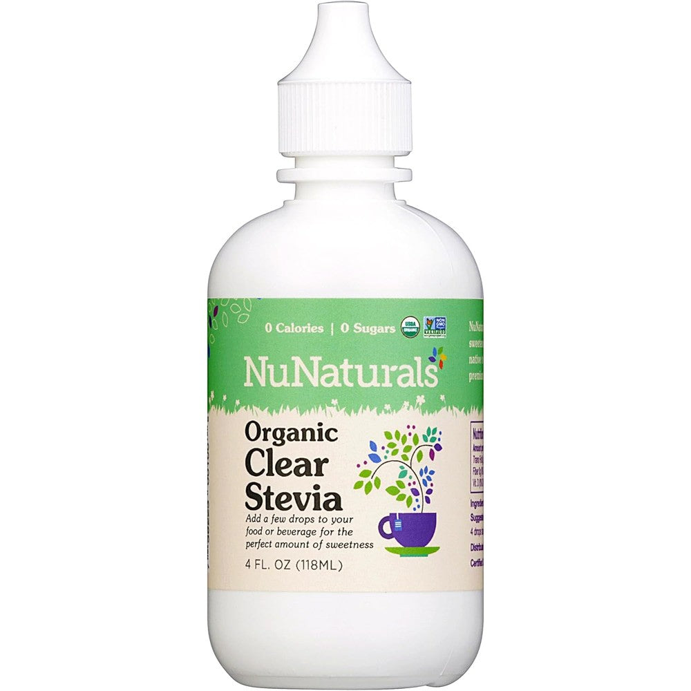 NuNaturals Organic Clear Extract Stevia Liquid Sweetener Drops 4 Ounce bottle front view
