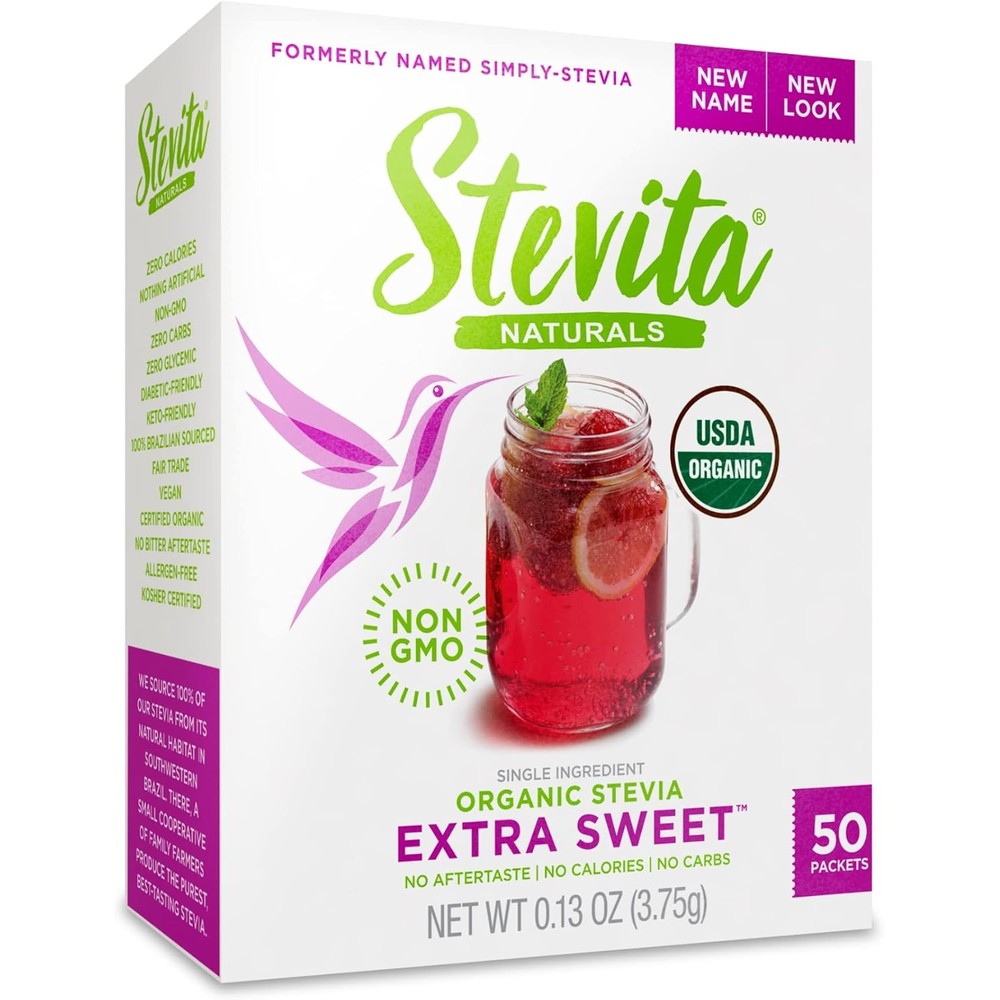 Stevita Organic Stevia Extra Sweet 50 Packets front view package