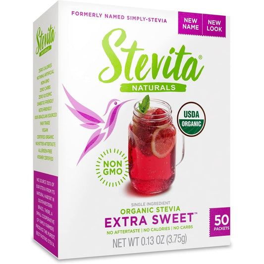 Stevita Organic Stevia Extra Sweet 50 Packets front view package