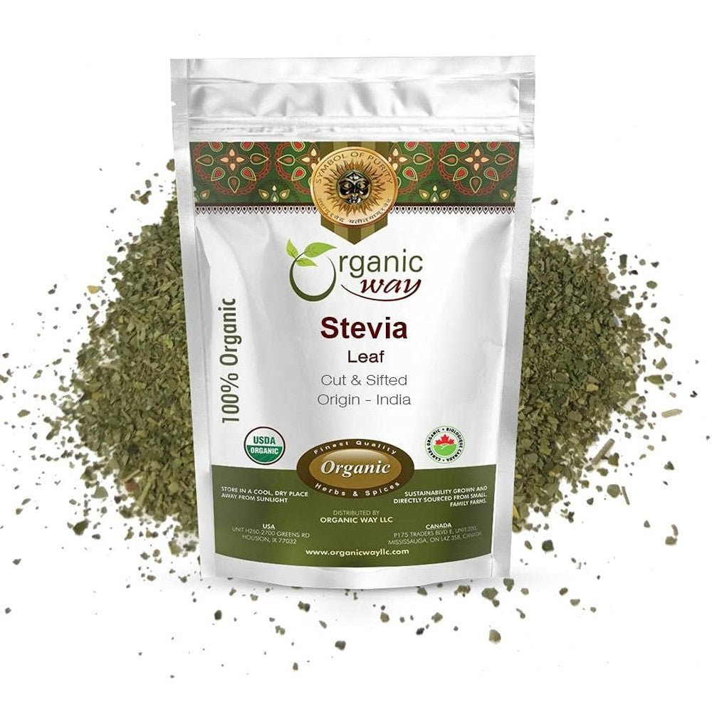 Organic Way Stevia Leaf Cut and Sifted front pouch packaging view