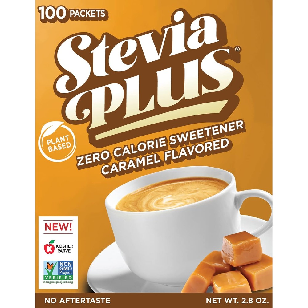 SweetLeaf Stevia Plus Caramel Powder Sweetener front packaging showcasing 100 zero calorie packets