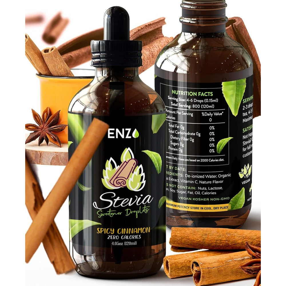 Enzo's Private Selection Cinnamon Liquid Stevia Drops 4 Ounce Bottle Front View Zero Calorie Sweetener
