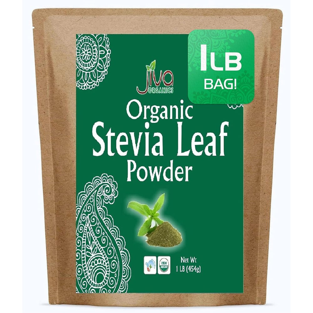 Jiva Organics Natural Unprocessed Stevia Leaf Powder front view package for organic sugar substitute