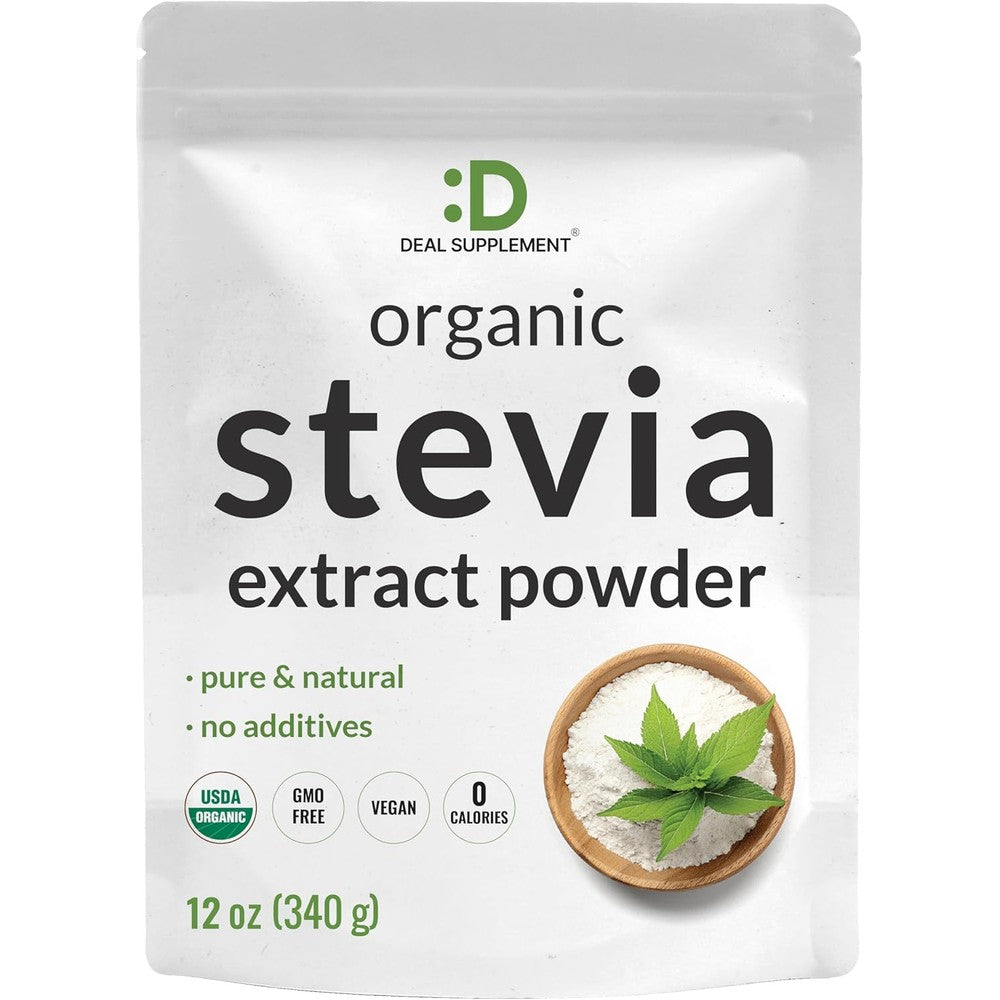 Deal Supplement Organic Stevia Extract Powder 12 Ounce front packaging view showcasing organic sugar substitute certification labels.