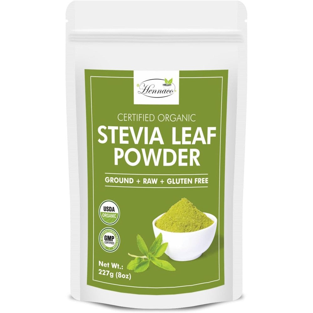 Hennaco organic stevia leaf powder 227g pouch front view showing USDA certification seal
