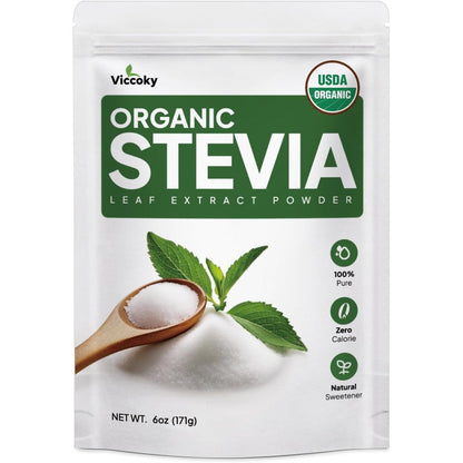 Viccoky Organic Stevia Leaf Extract Powder 6 Ounce front view packaging showing organic sweetener certifications
