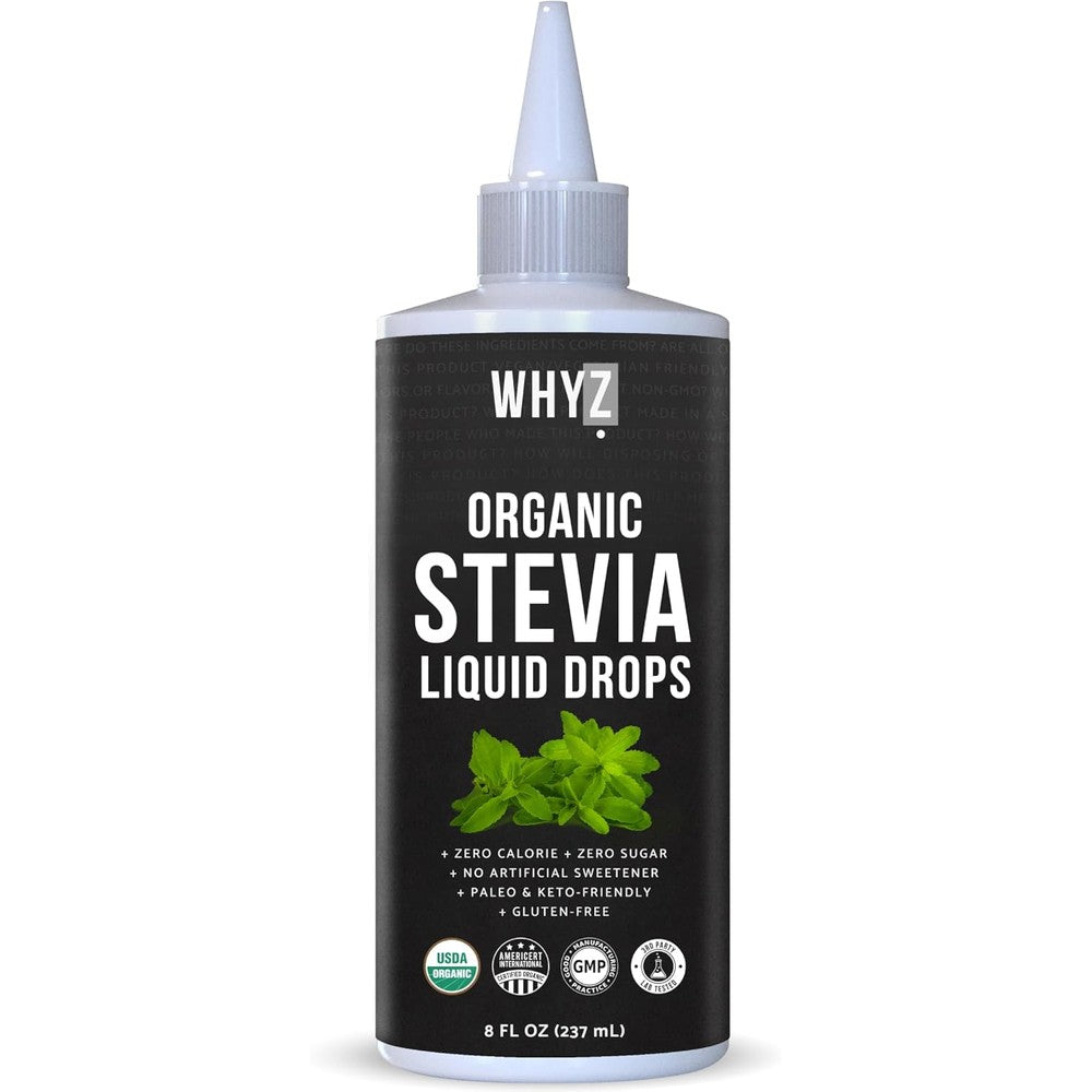 WHYZ Organic Stevia Liquid Drops front view bottle of pure liquid stevia extract sugar substitute