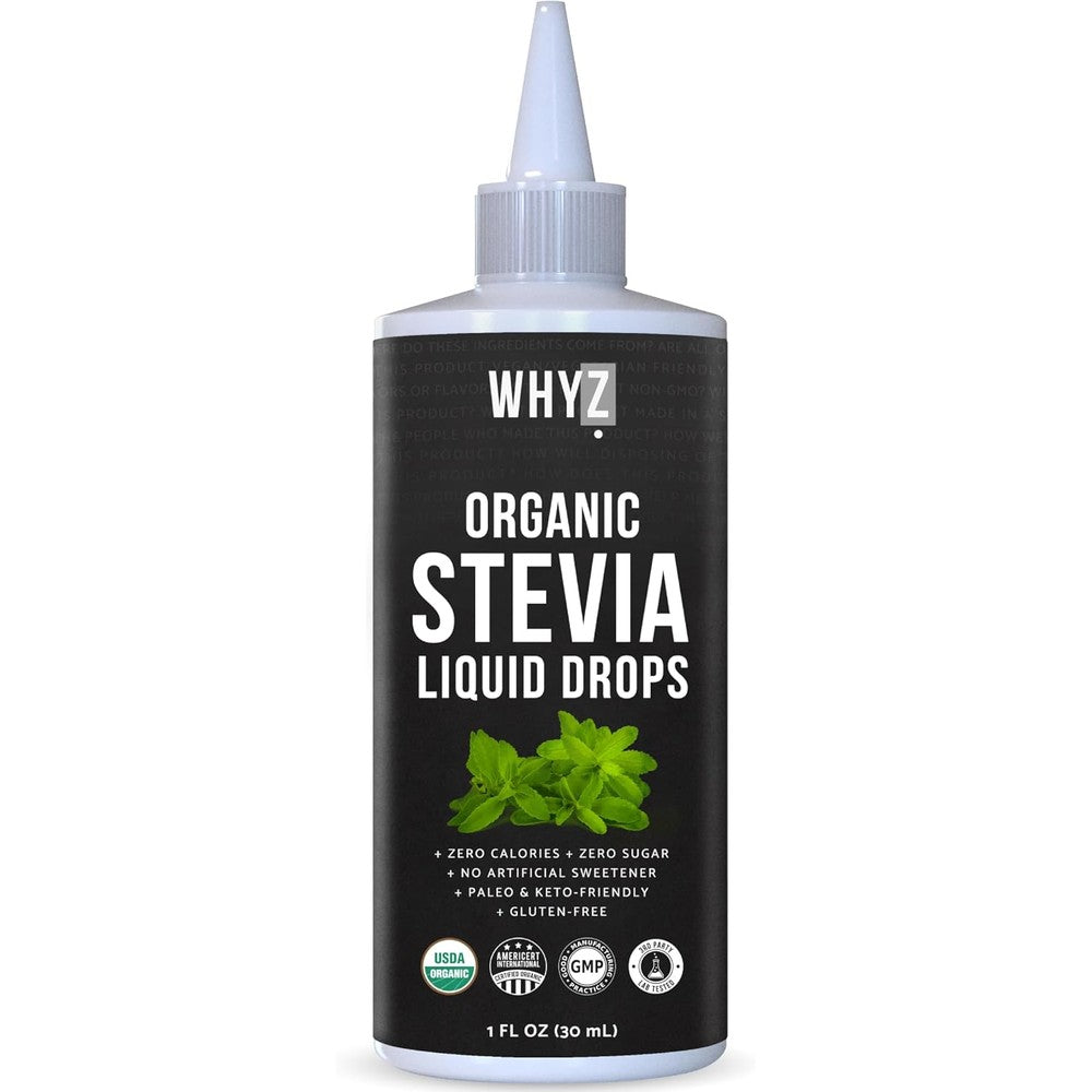 WHYZ Organic Stevia Liquid Drops front view bottle for natural sugar substitute