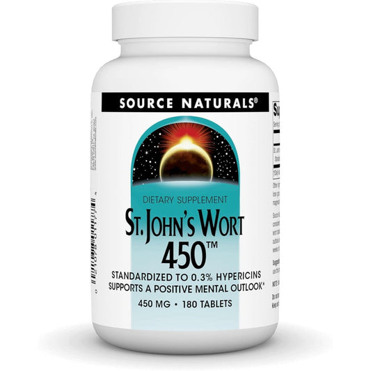 Source Naturals St Johns Wort 450mg 180 Tablets front view bottle for mood support