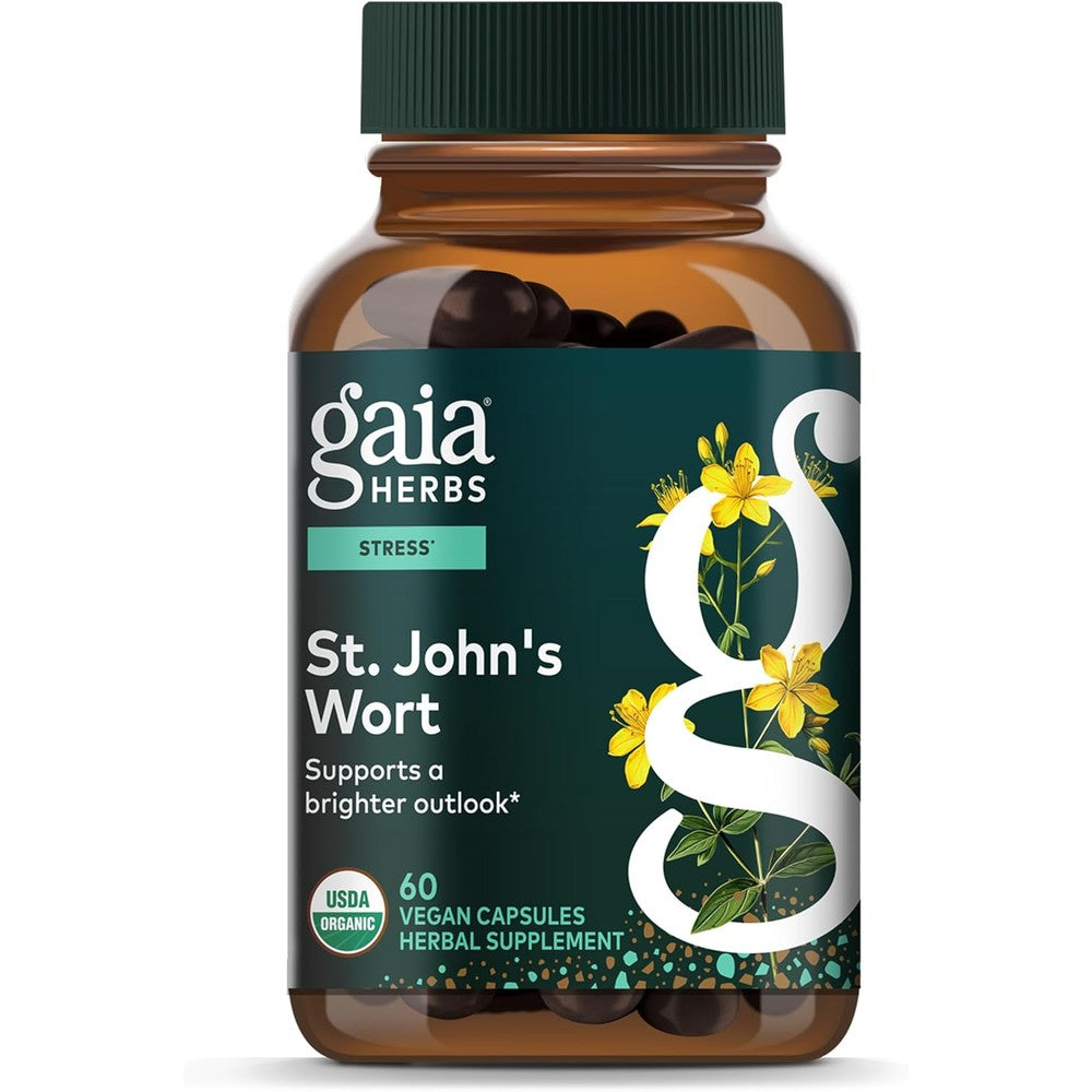Gaia Herbs St Johns Wort 60 Vegan Capsules front bottle view for herbal stress support