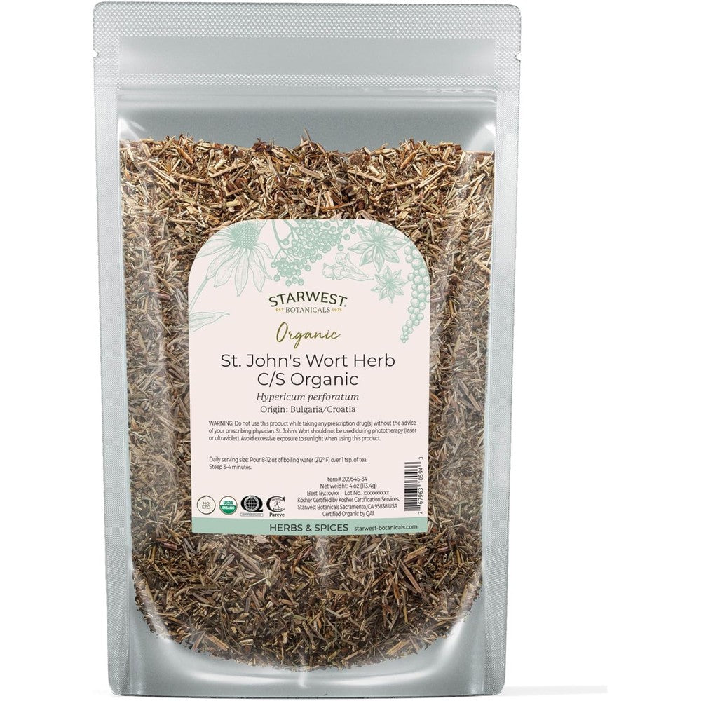 Starwest Botanicals Organic St Johns Wort Loose Leaf Herb Tea four ounce pouch front view