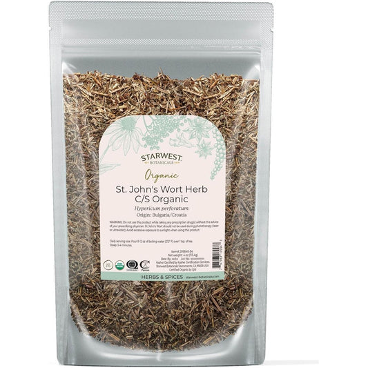 Starwest Botanicals Organic St Johns Wort Loose Leaf Herb Tea four ounce pouch front view