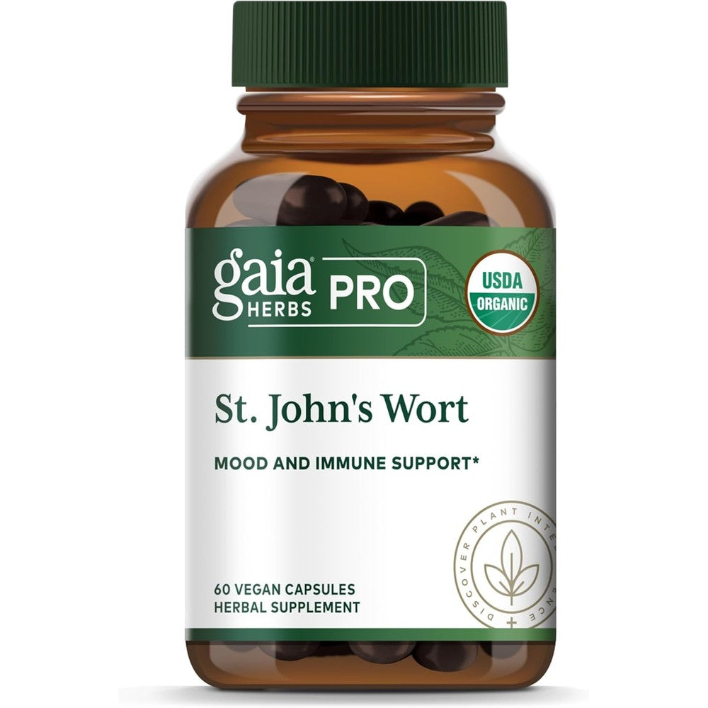 Gaia Herbs Pro St Johns Wort 60 capsules front packaging view for premium herbal immune support.