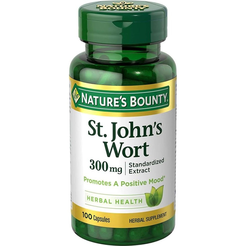 Nature's Bounty St. John's Wort Standardized Extract 300 Milligrams 100 Capsules front view bottle showing mood and emotional balance support benefits.