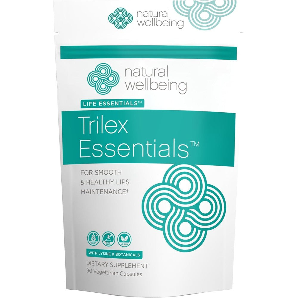 Natural Wellbeing Trilex Herbal Blend Lysine 90 Vegetarian Capsules front bottle view for cold sore relief.