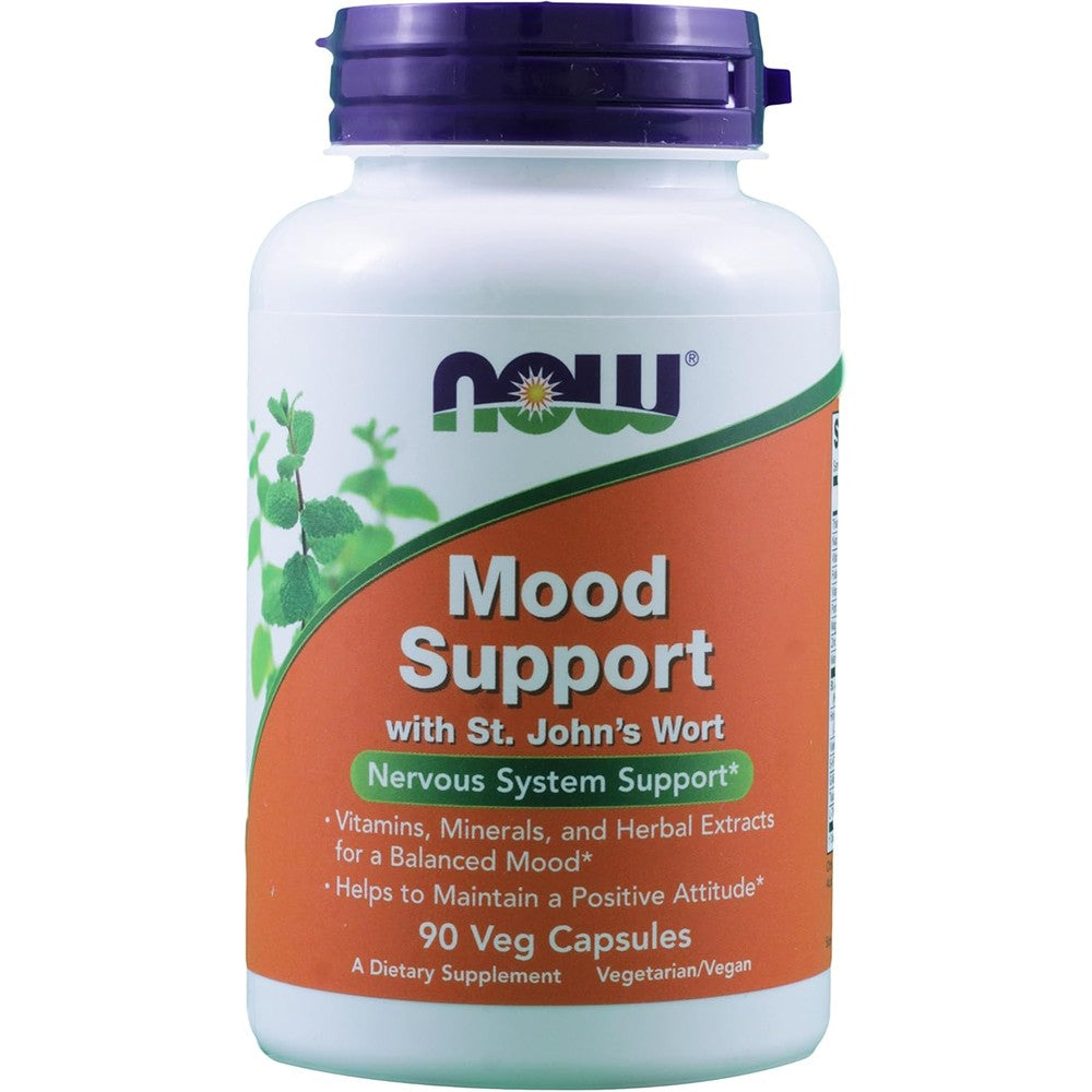 NOW Foods Mood Support 180 Vegetarian Capsules front view showing authentic USA packaging.