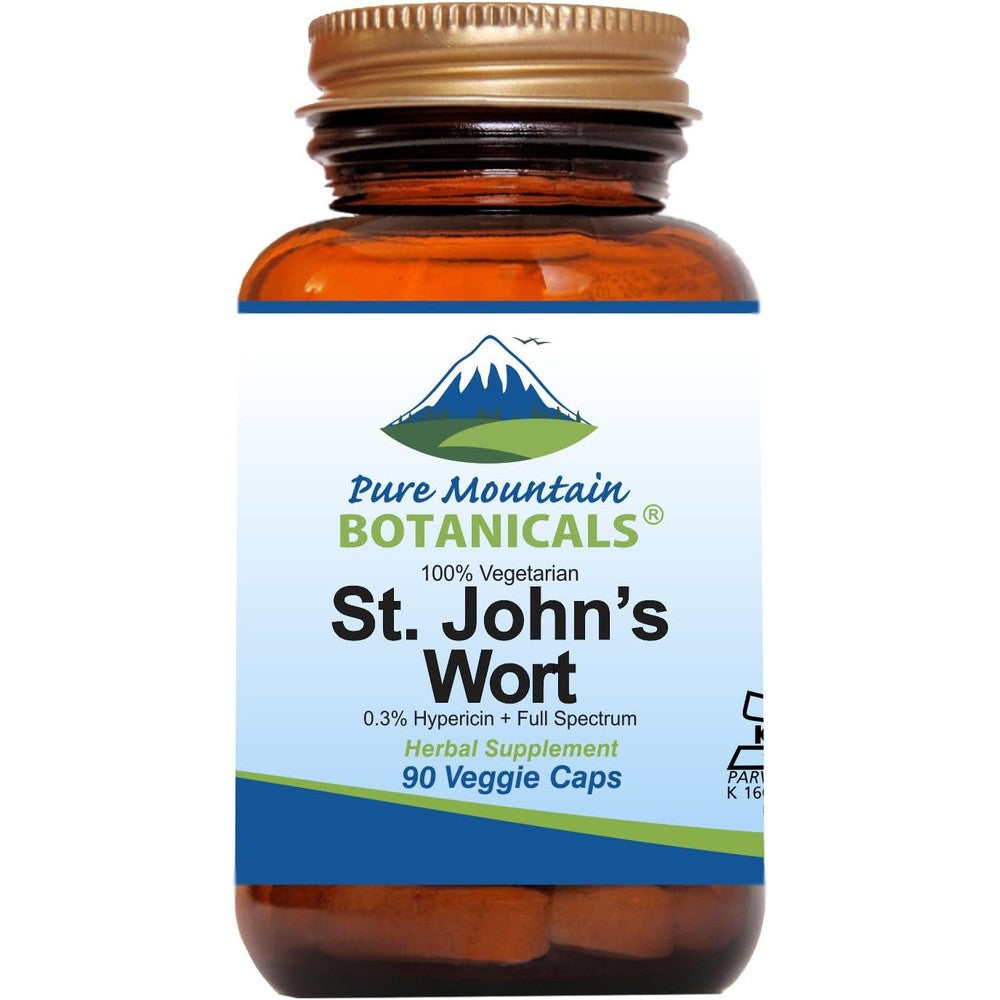 Pure Mountain Botanicals St Johns Wort 90 vegetarian capsules front bottle view for natural mood support.