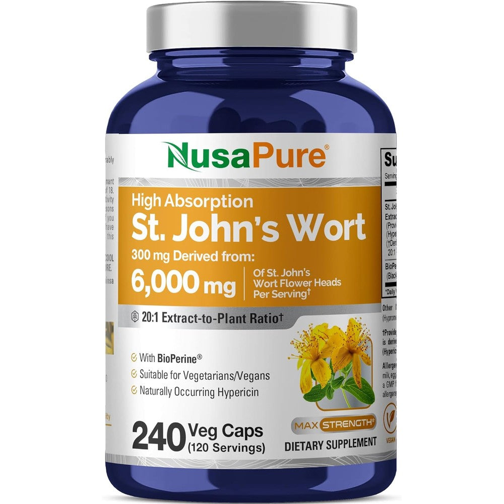NusaPure St John's Wort 300mg 240 vegetarian capsules front bottle view for natural mood support