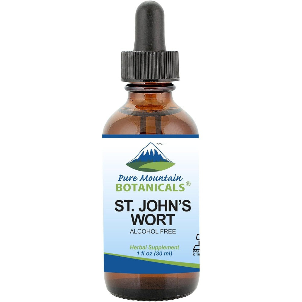 Pure Mountain Botanicals St Johns Wort Tincture 1 Fluid Ounce bottle front view showing the mountain logo and mood support text.