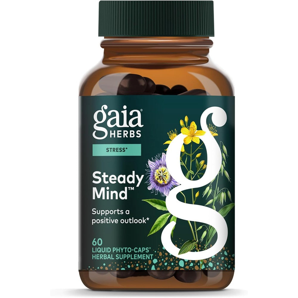 Gaia Herbs Steady Mind 60 liquid phyto capsules bottle front view for herbal stress relief