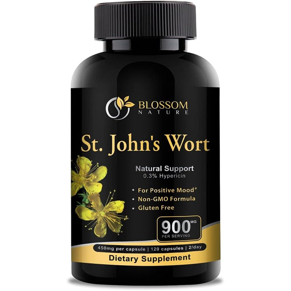 Blossom Nature St Johns Wort Mood Support 900mg bottle front view showing capsule count and vegan certification.