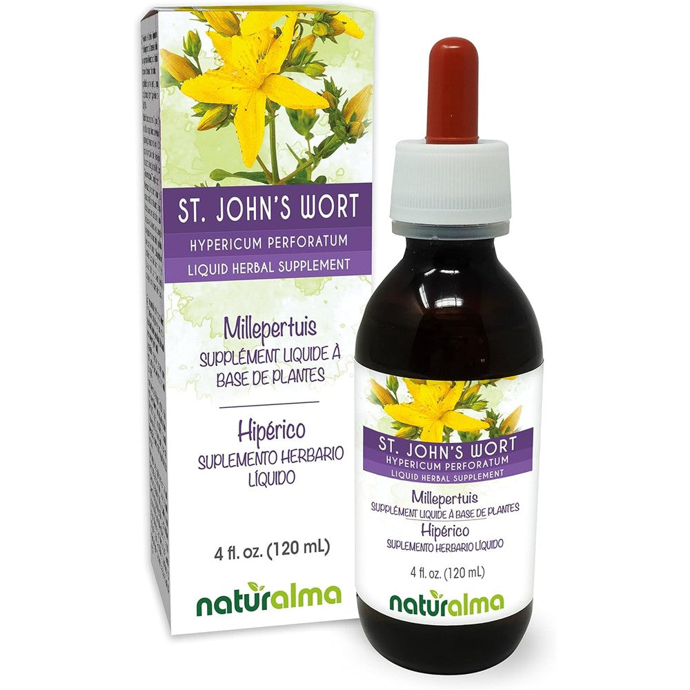 Naturalma St Johns Wort Alcohol Free Tincture 4 Fluid Ounce bottle front view showing authentic packaging for mood support