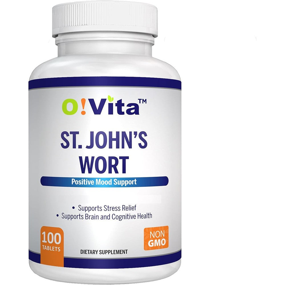 O!VITA St. John's Wort 500mg 100 tablets front view bottle packaging for mood support.