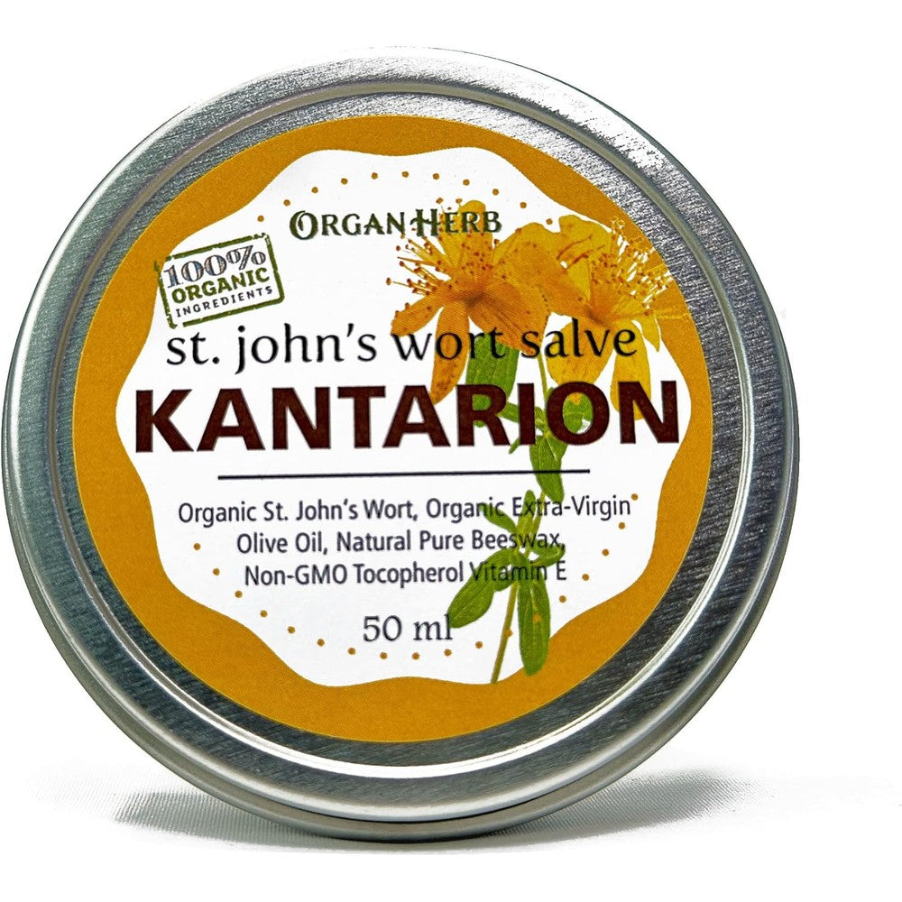 OrganHerb Organic St Johns Wort Salve two ounce front view tin of natural herbal moisturizer