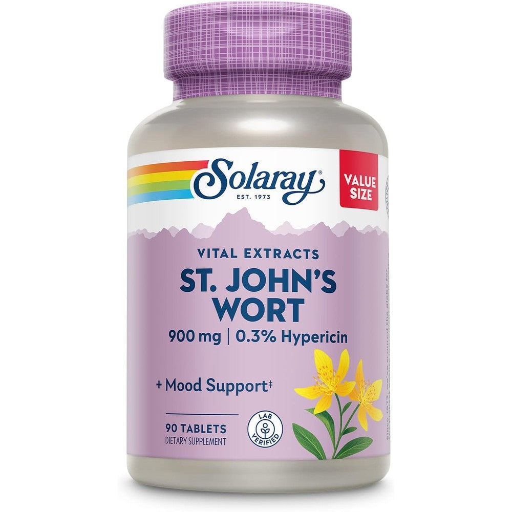 Solaray St Johns Wort 900mg 90 tablets front view showing the rainbow logo on the dietary supplement bottle for mood support.