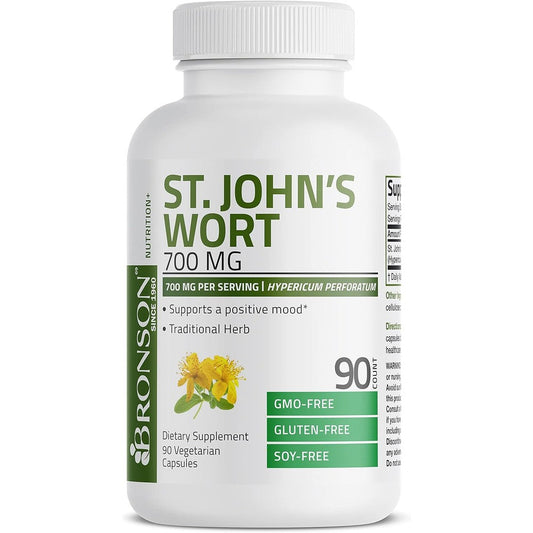 Bronson St Johns Wort 700mg front view bottle containing 90 vegetarian capsules for mood support