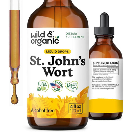 Wild & Organic St Johns Wort Tincture front view bottle for natural mood support