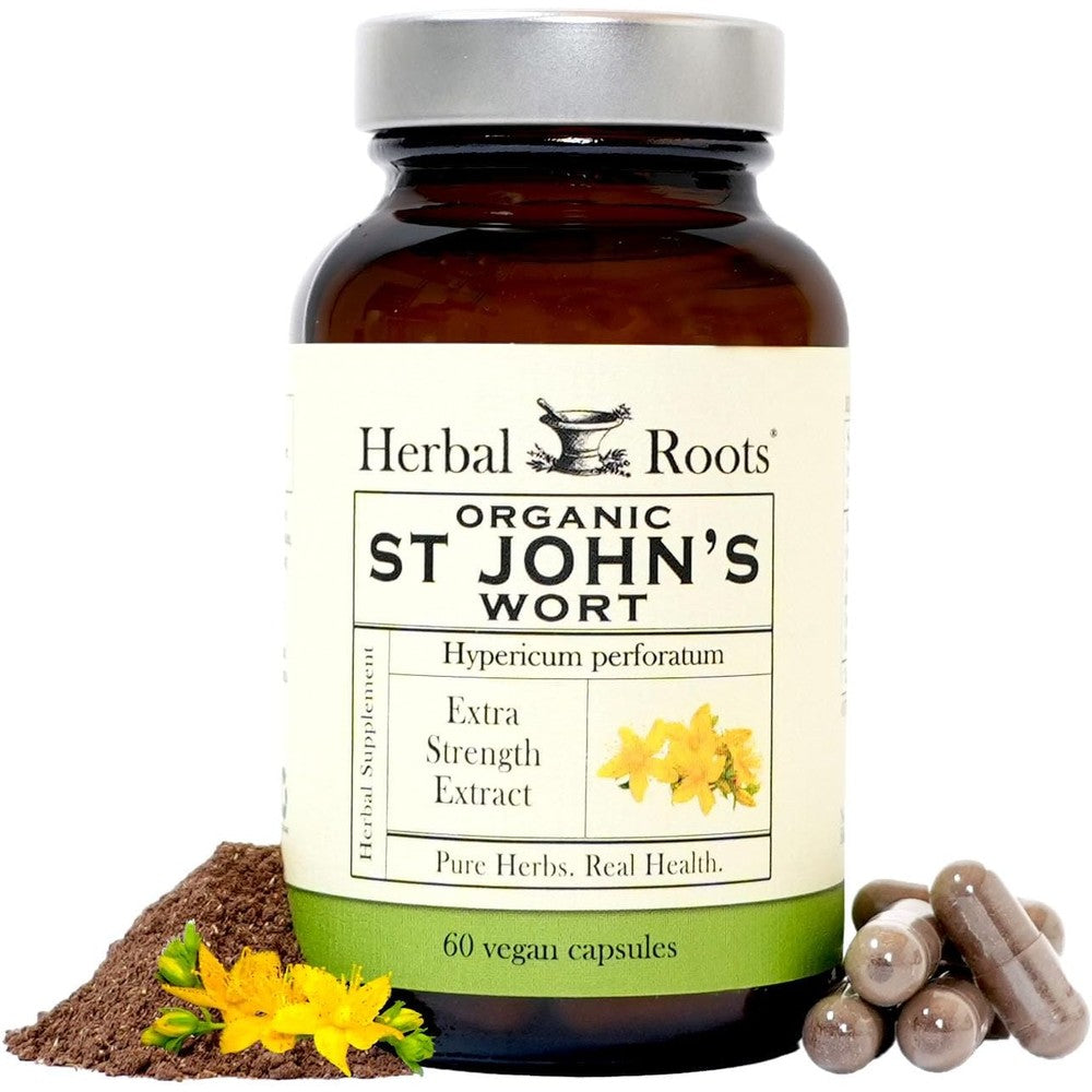 Herbal Roots Organic St Johns Wort 60 vegan capsules front view bottle for natural mood support.
