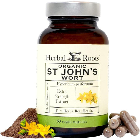 Herbal Roots Organic St Johns Wort 60 vegan capsules front view bottle for natural mood support.