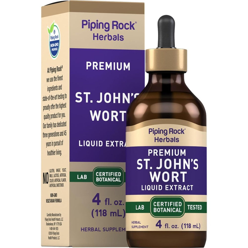Piping Rock St Johns Wort Liquid Extract front view showing the four fluid ounce dropper bottle.