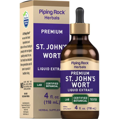 Piping Rock St Johns Wort Liquid Extract front view showing the four fluid ounce dropper bottle.