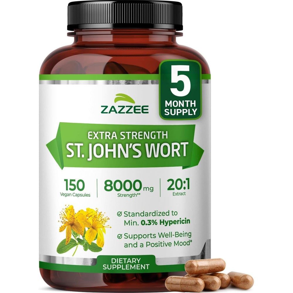 Zazzee Naturals Extra Strength St John's Wort 8000mg bottle front view for emotional wellness.