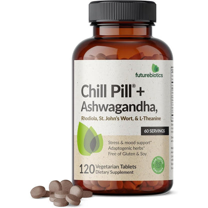 Futurebiotics Chill Pill Ashwagandha 120 tablets front view bottle for natural stress relief